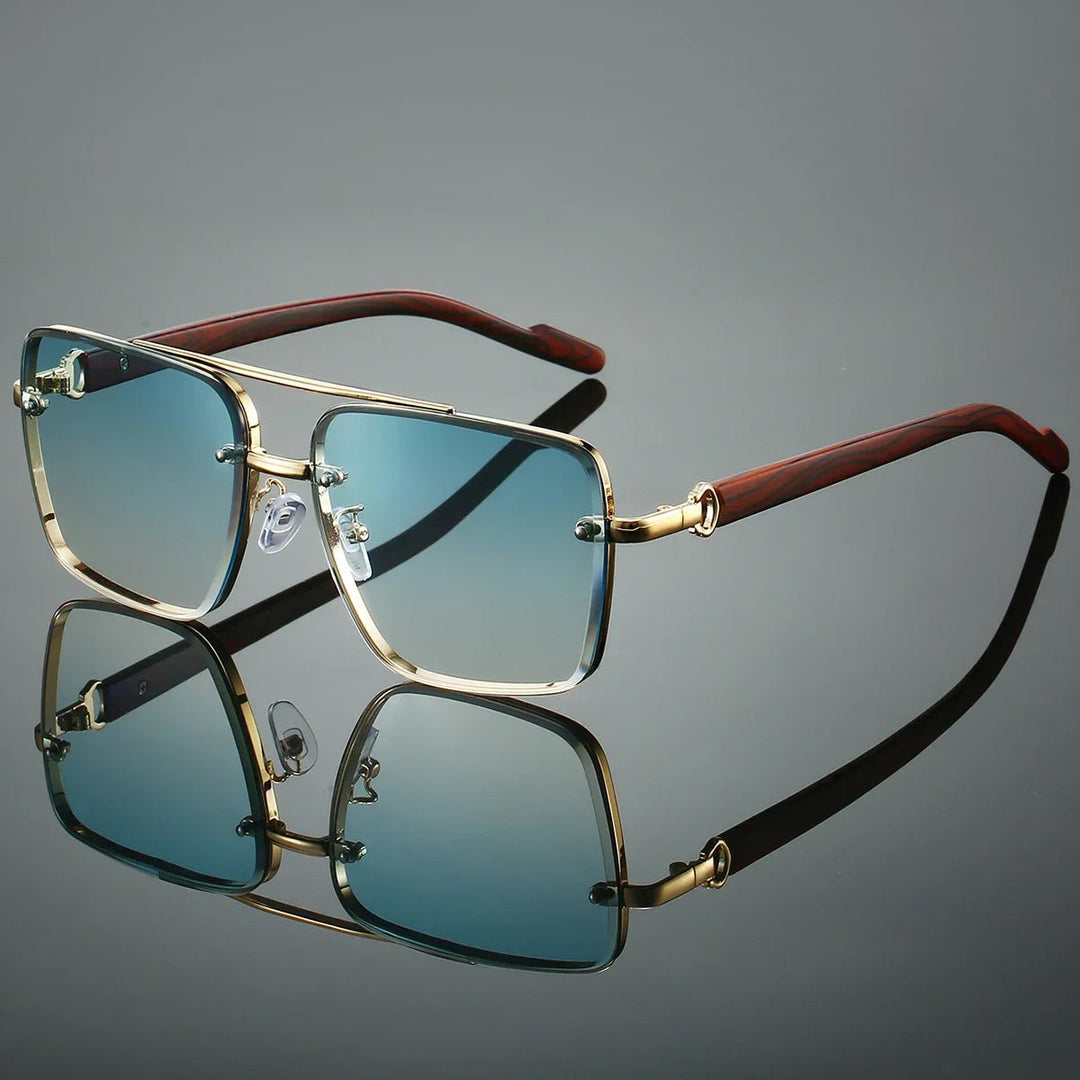 Square Rimless Aviator Sunglasses with Wood-Tone Temples | Onyx