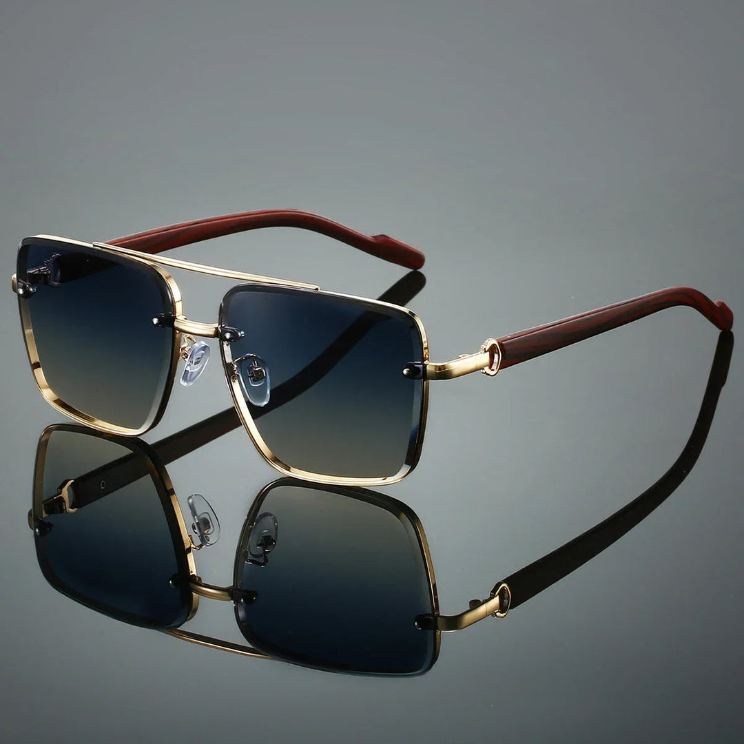 Square Rimless Aviator Sunglasses with Wood-Tone Temples | Onyx