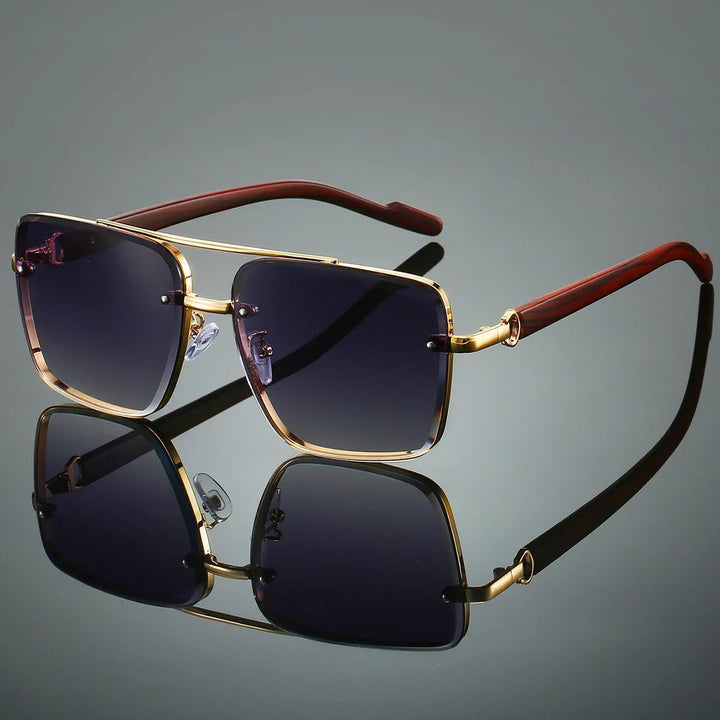 Square Rimless Aviator Sunglasses with Wood-Tone Temples | Onyx