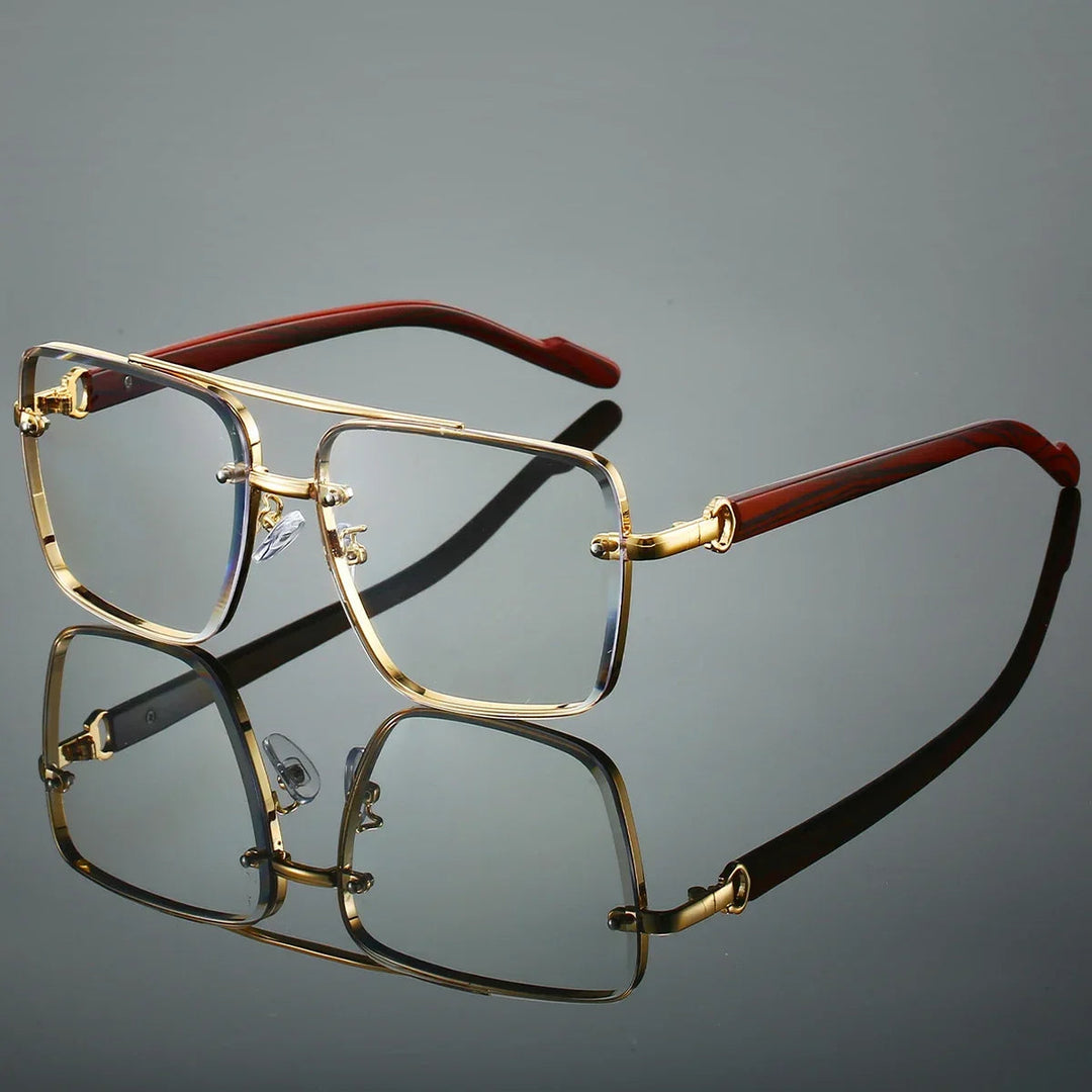 Square Rimless Aviator Sunglasses with Wood-Tone Temples | Onyx
