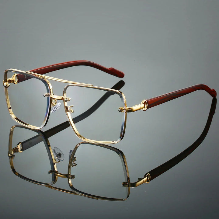 Square Rimless Aviator Sunglasses with Wood-Tone Temples | Onyx