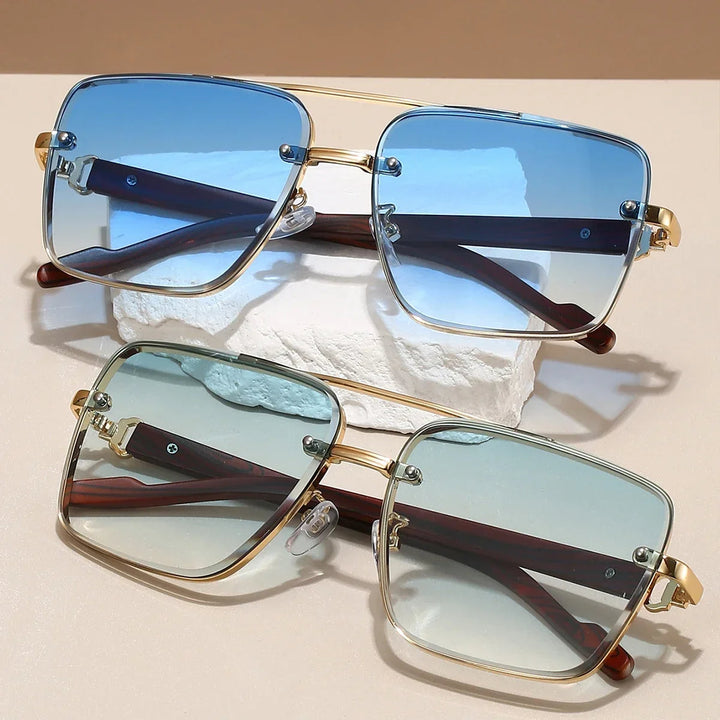 Square Rimless Aviator Sunglasses with Wood-Tone Temples | Onyx