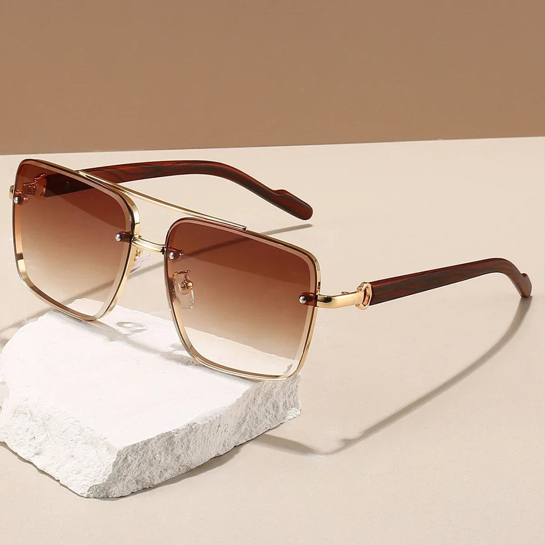 Square Rimless Aviator Sunglasses with Wood-Tone Temples | Onyx