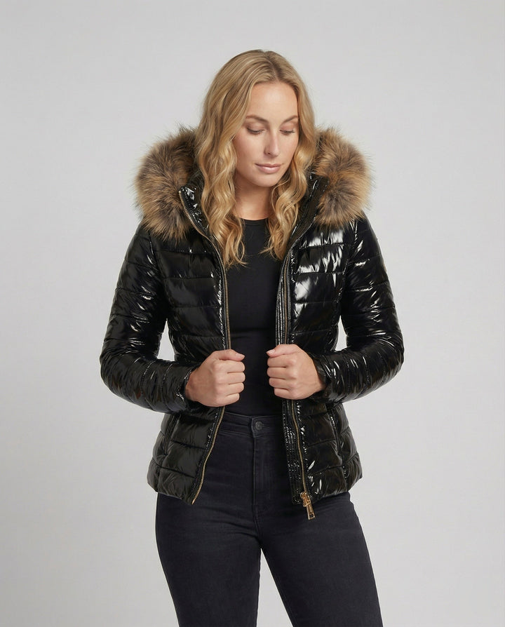 Women’s High Shine Puffer Jacket Faux Fur Hood