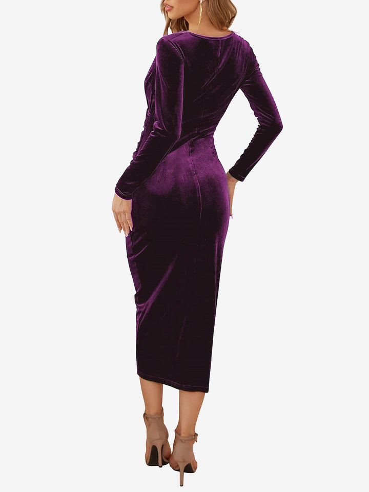 Women’s Velvet Wrap Midi Dress with Ruched Waist