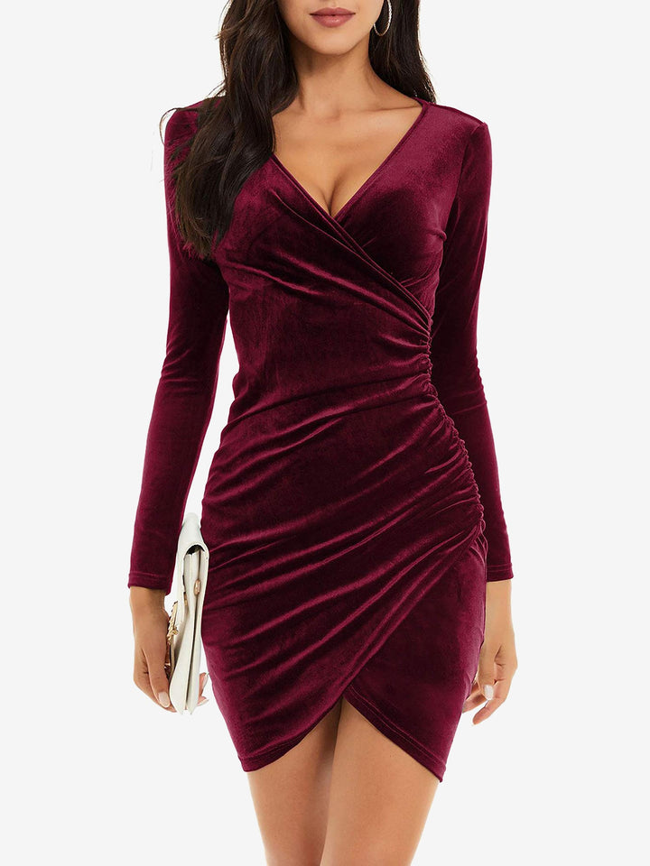 Women’s Velvet Wrap Mini Dress Ruched V-Neck