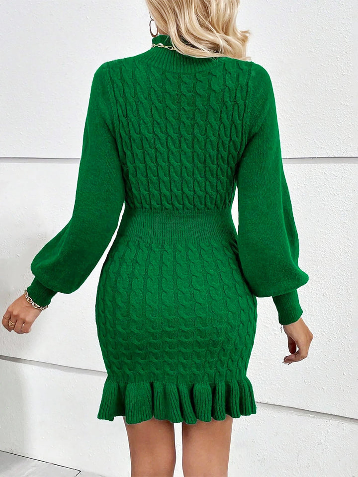 Women’s Cable Knit Turtleneck Sweater Dress Frill Hem