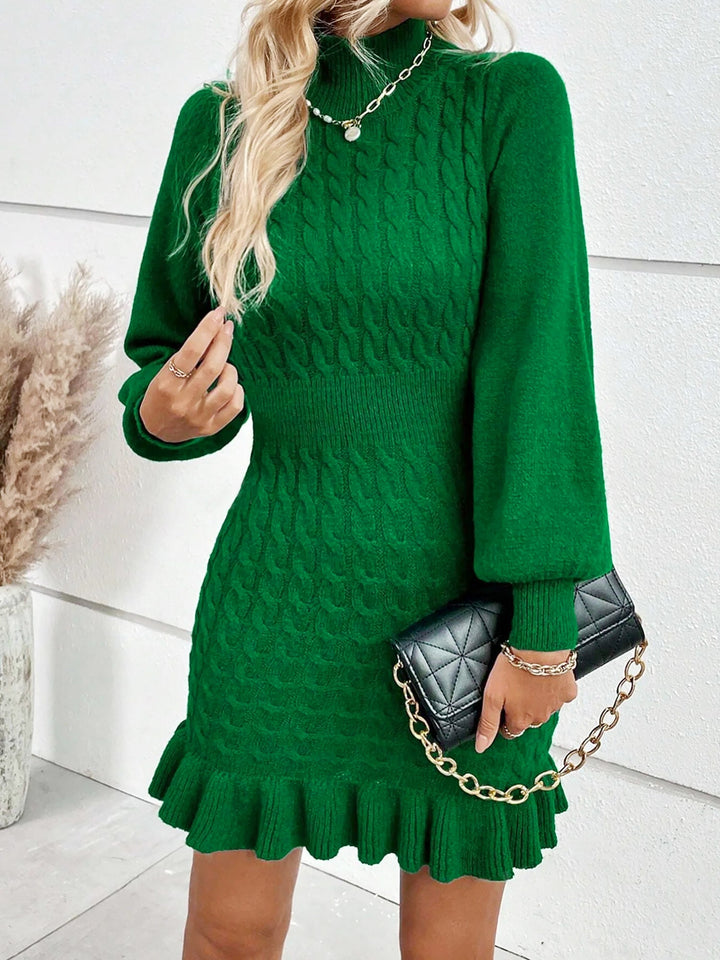 Women’s Cable Knit Turtleneck Sweater Dress Frill Hem