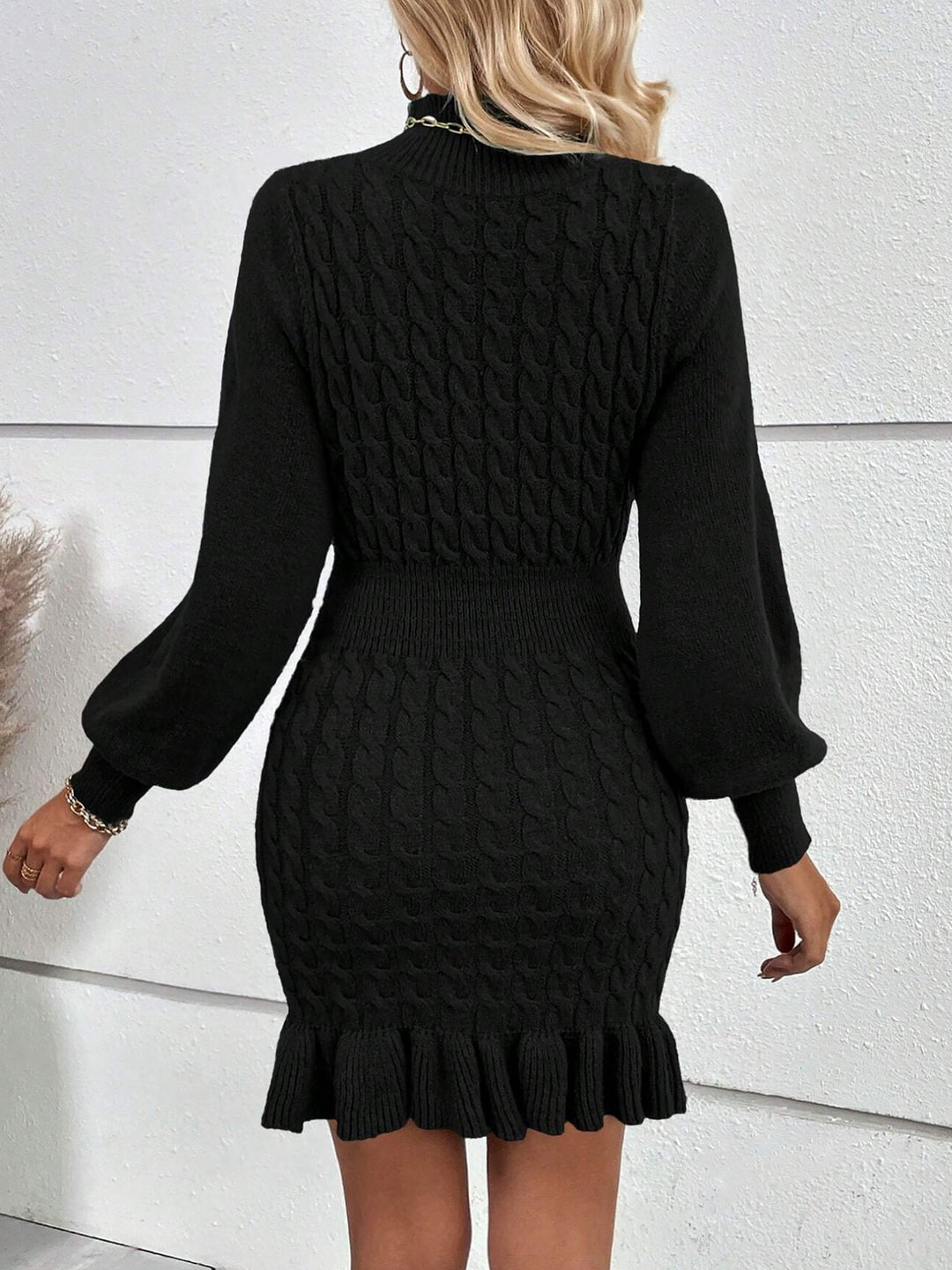 Women’s Cable Knit Turtleneck Sweater Dress Frill Hem