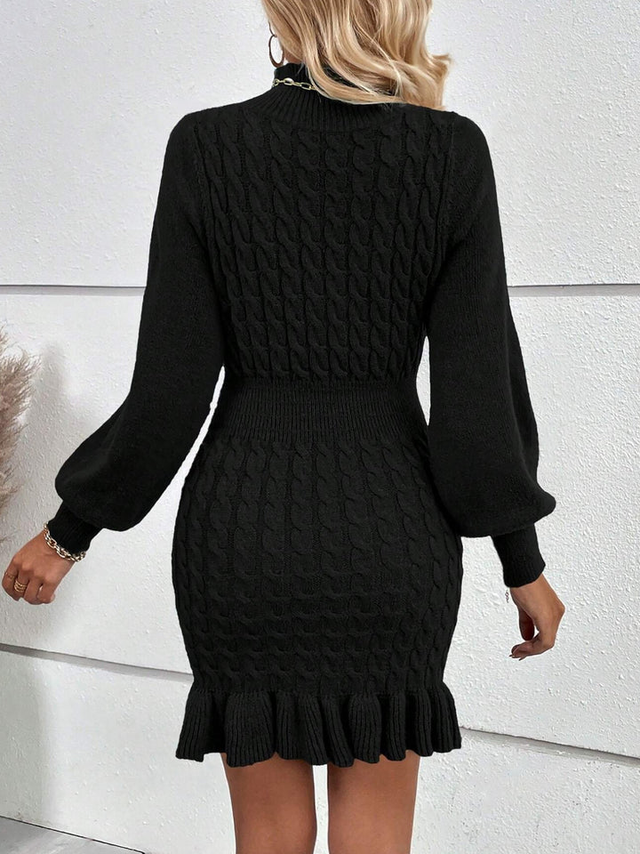 Women’s Cable Knit Turtleneck Sweater Dress Frill Hem