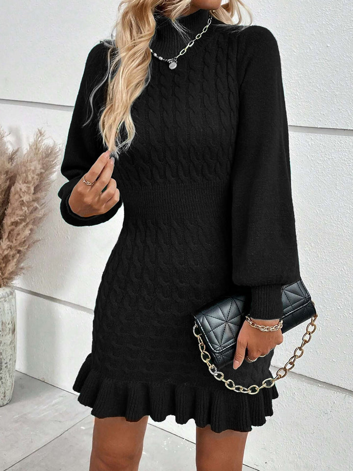 Women’s Cable Knit Turtleneck Sweater Dress Frill Hem