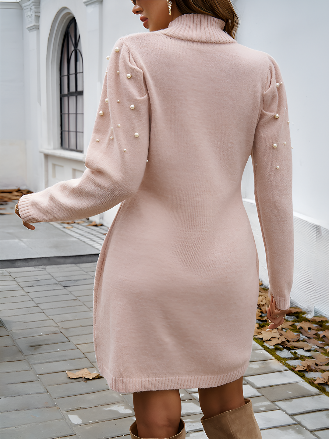 Women’s Faux Pearl Embellished Turtleneck Sweater Dress