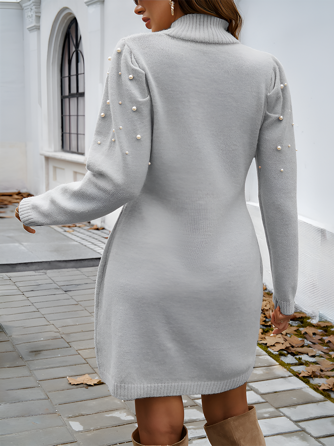 Women’s Faux Pearl Embellished Turtleneck Sweater Dress