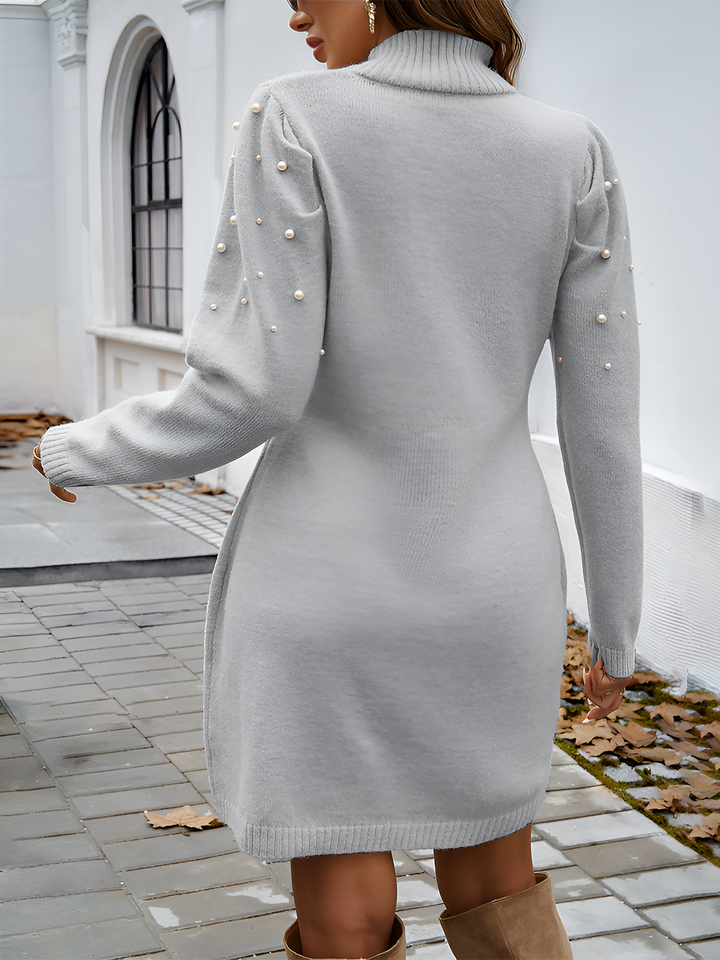 Women’s Faux Pearl Embellished Turtleneck Sweater Dress