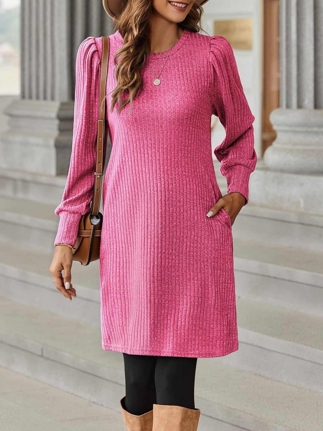 Women’s Ribbed Knit Puff Sleeve A-Line Sweater Dress