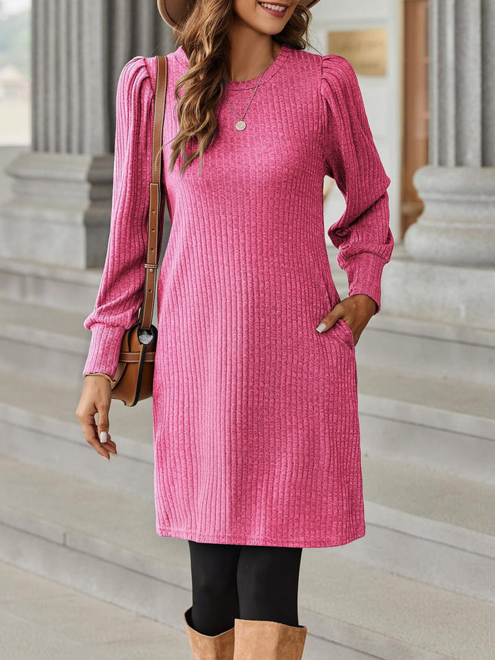 Women’s Ribbed Knit Puff Sleeve A-Line Sweater Dress