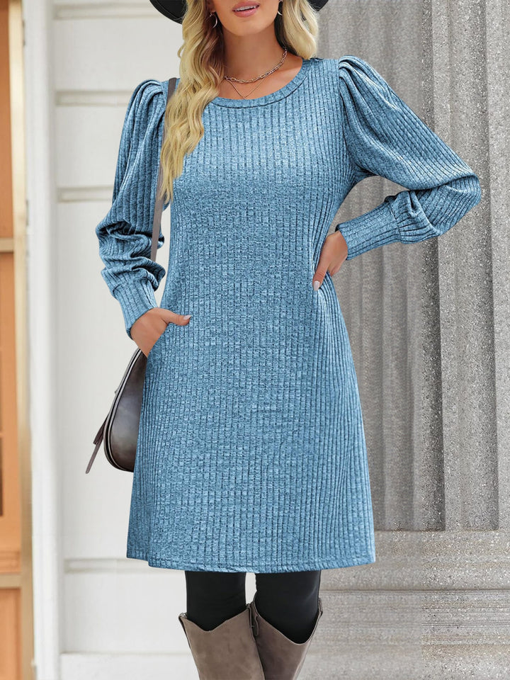 Women’s Ribbed Knit Puff Sleeve A-Line Sweater Dress
