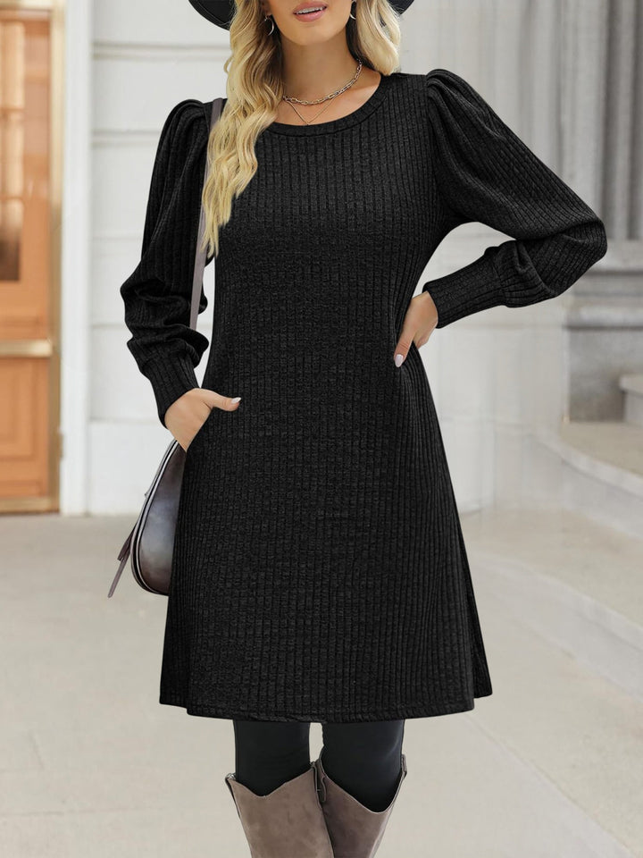 Women’s Ribbed Knit Puff Sleeve A-Line Sweater Dress