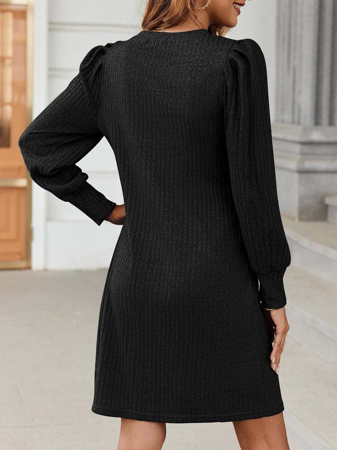 Women’s Ribbed Knit Puff Sleeve A-Line Sweater Dress