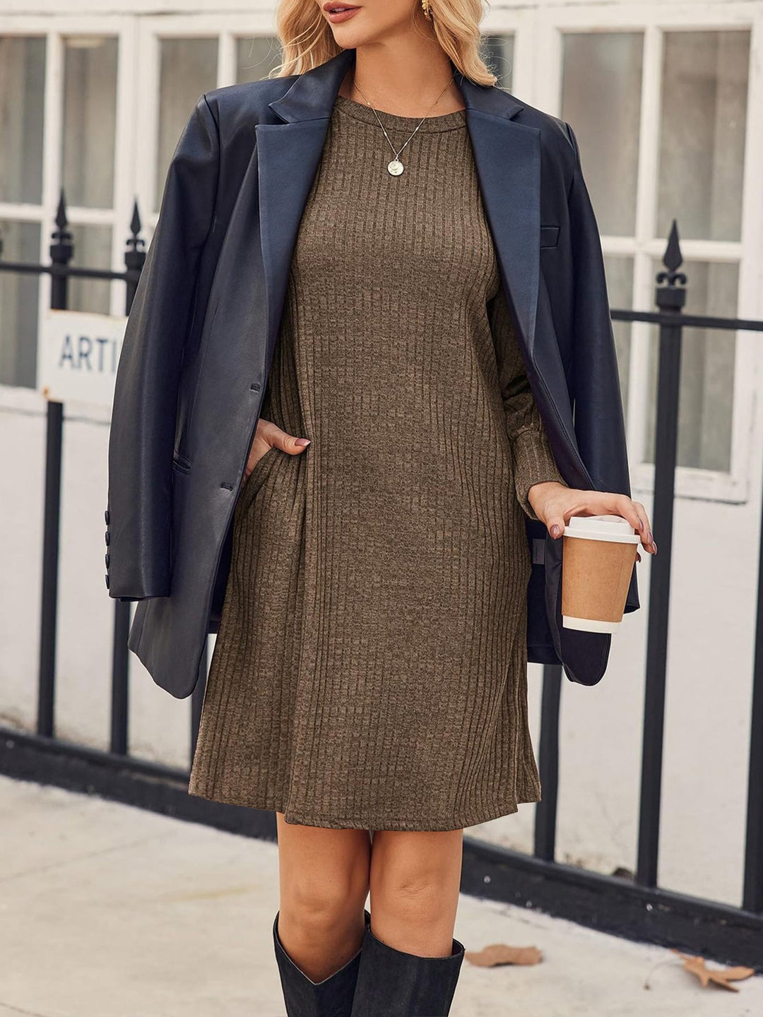 Women’s Ribbed Knit Puff Sleeve A-Line Sweater Dress