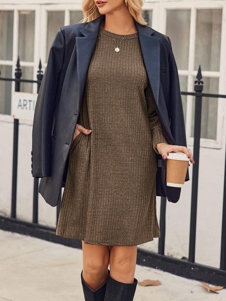 Women’s Ribbed Knit Puff Sleeve A-Line Sweater Dress