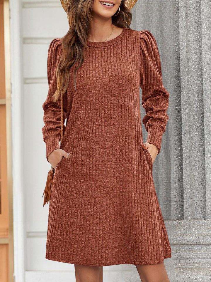 Women’s Ribbed Knit Puff Sleeve A-Line Sweater Dress