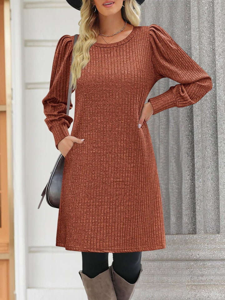 Women’s Ribbed Knit Puff Sleeve A-Line Sweater Dress